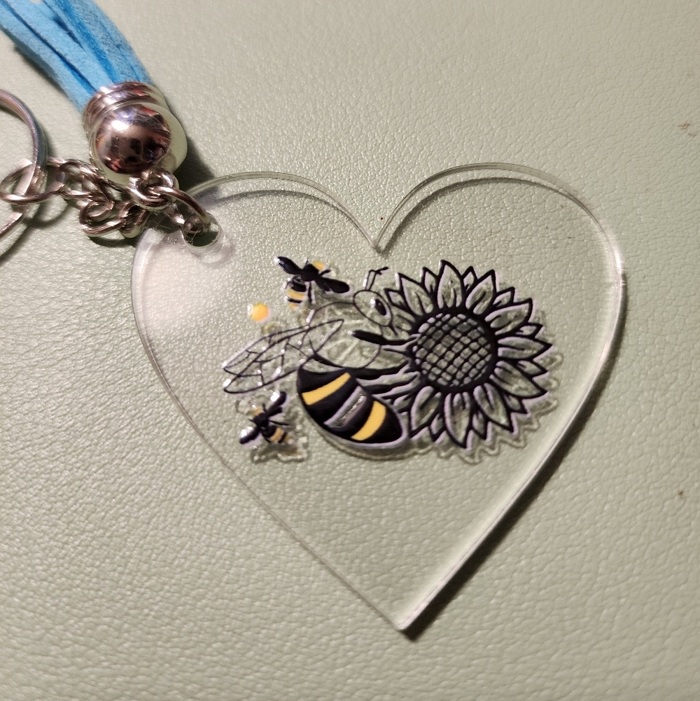 Heart-Shaped Bee and Sunflower Keychain